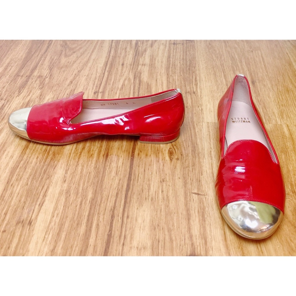 Stuart Weitzman Red, Silver Patent Leather Loafers
